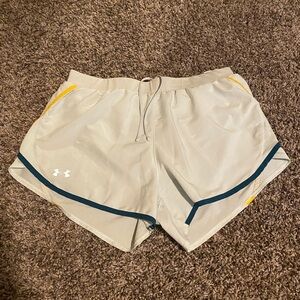 Under Armour Women's Light Blue Athletic Shorts with Teal and Yellow Accents